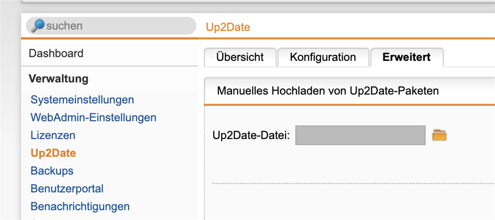 Screenshot of Verwaltung > Up2date > Erweitert