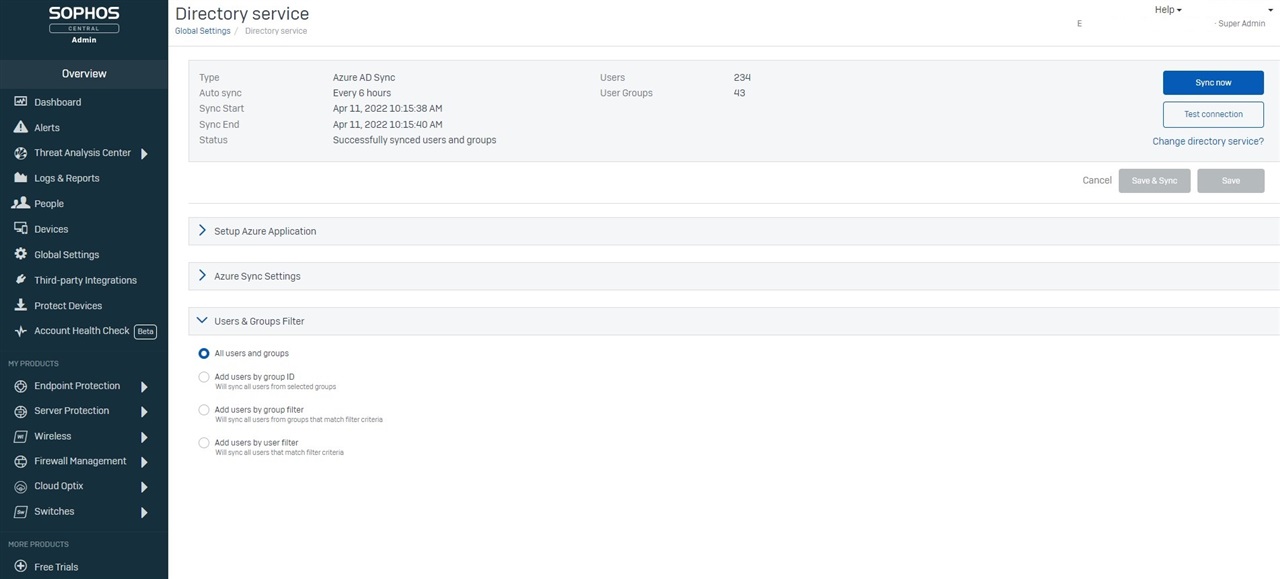 Azure Sync to Sophos Central